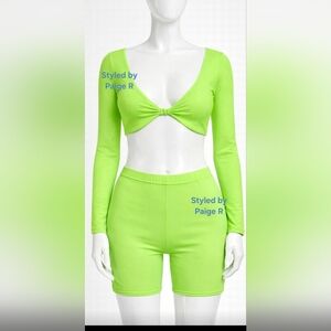 ⛱️SKIMS 2 Pc Swimsuit Long Sleeve Shrug Mid waist swim shorts Neon Green 16 XL